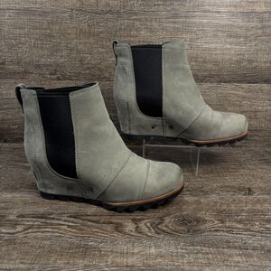 Sorel Lea Wedge Ankle Boots Women's 8 Gray Waterproof Nubuck Chelsea Shoes